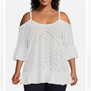 Michael Kors White Knit Eyelet Ruffled Cold Shoulder Plus Size 2X Brand New